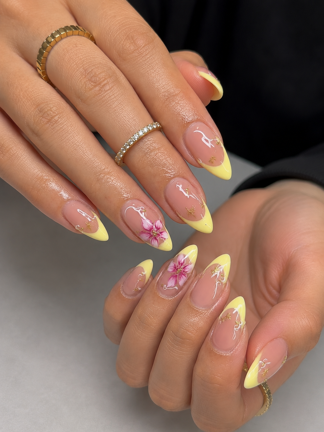 07 butter yellow french tips 3d floral embellishments