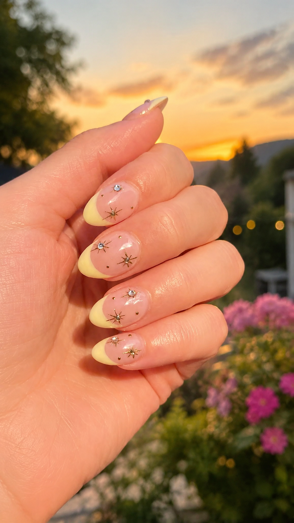 08 butter yellow french tips star rhinestone accents