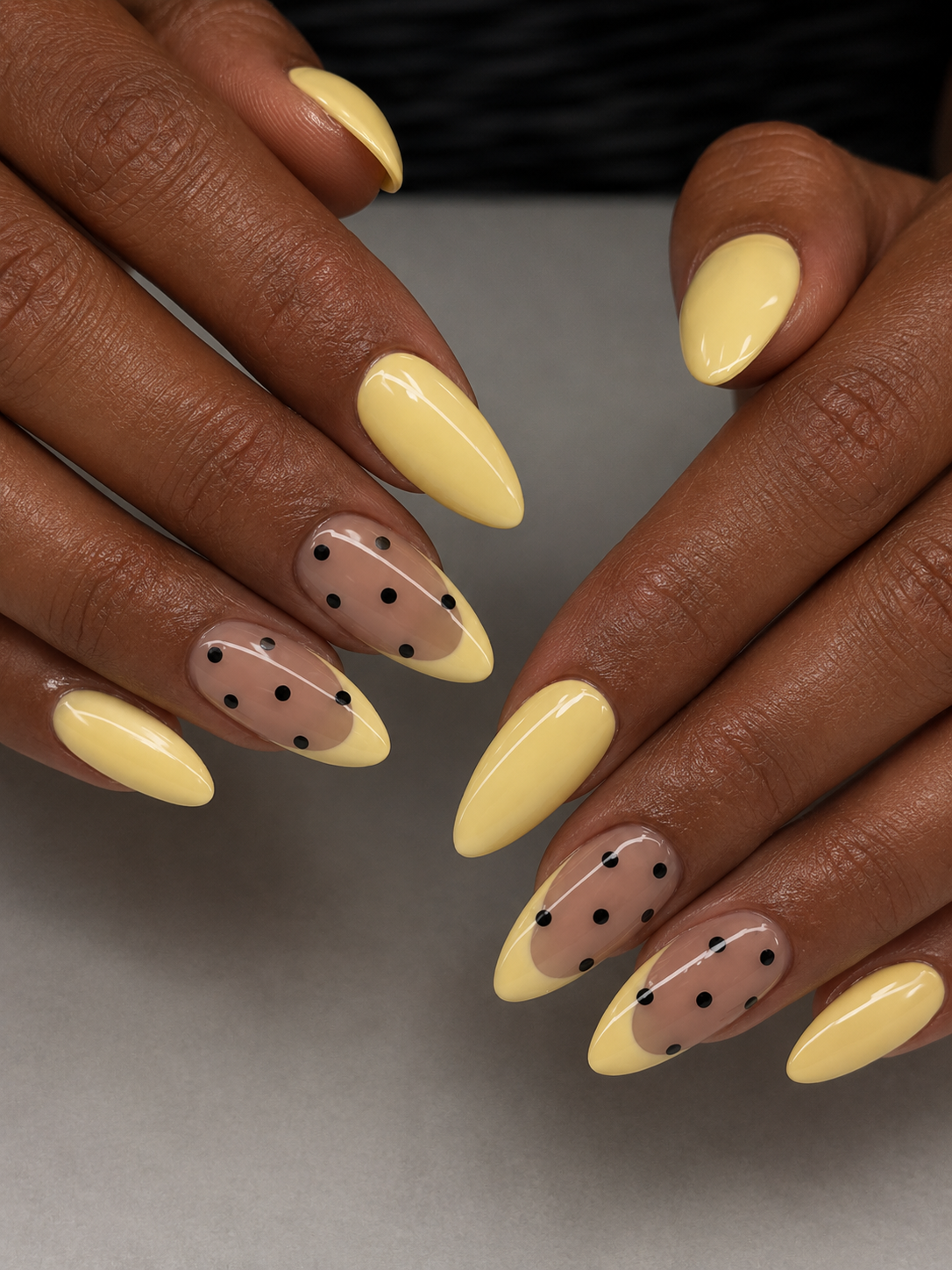 09 butter yellow french tips black polka dots