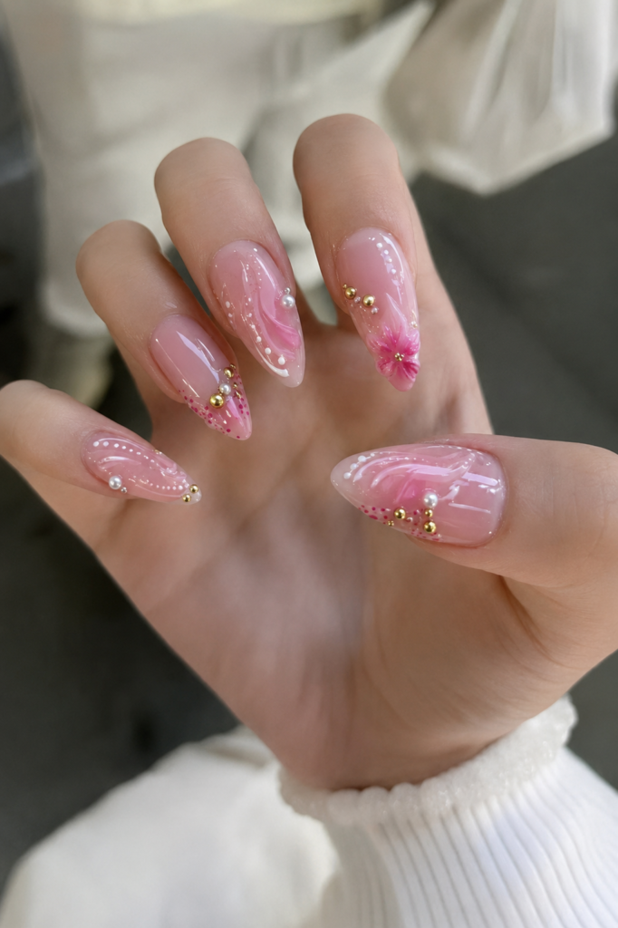 Pink Petal Swirls & Pearl Accents