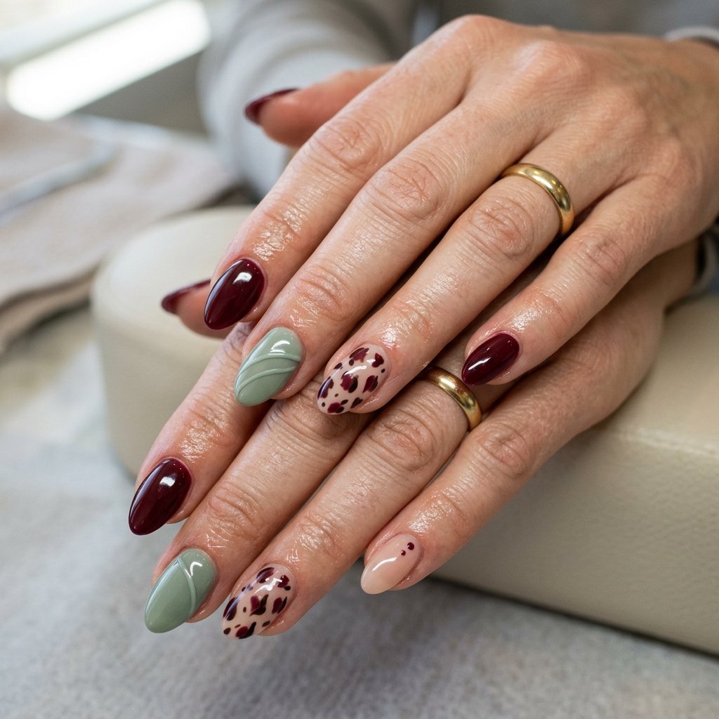 Burgundy And Green Nails