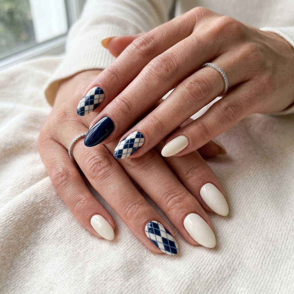 Navy and cream argyle patterned nails