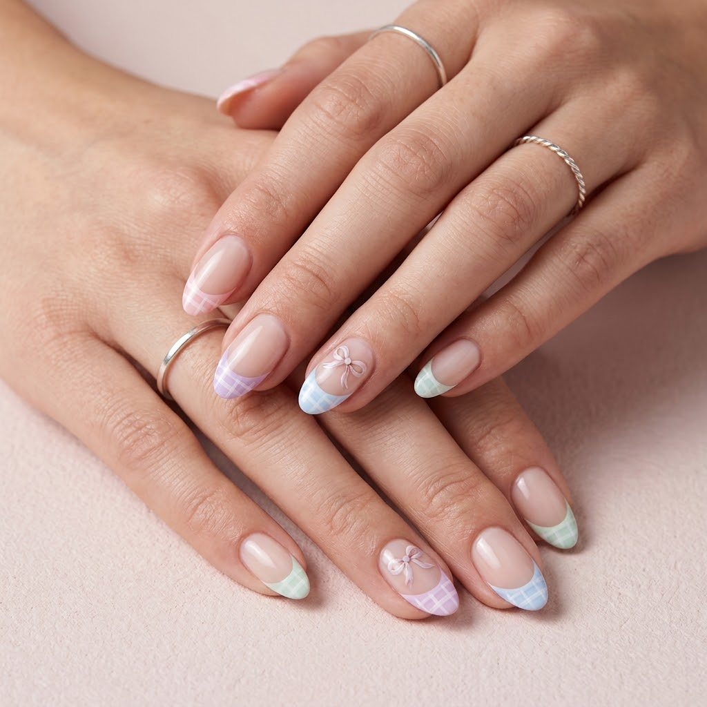 Pastel checked French tip nails with tiny bows