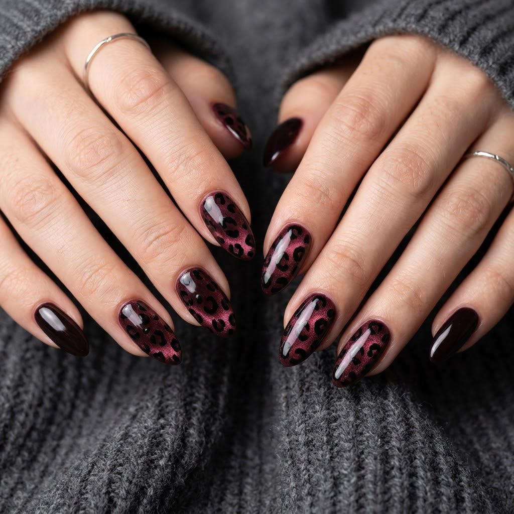 Black cherry velvet leopard print nails with glossy black animal spots on long almond nails