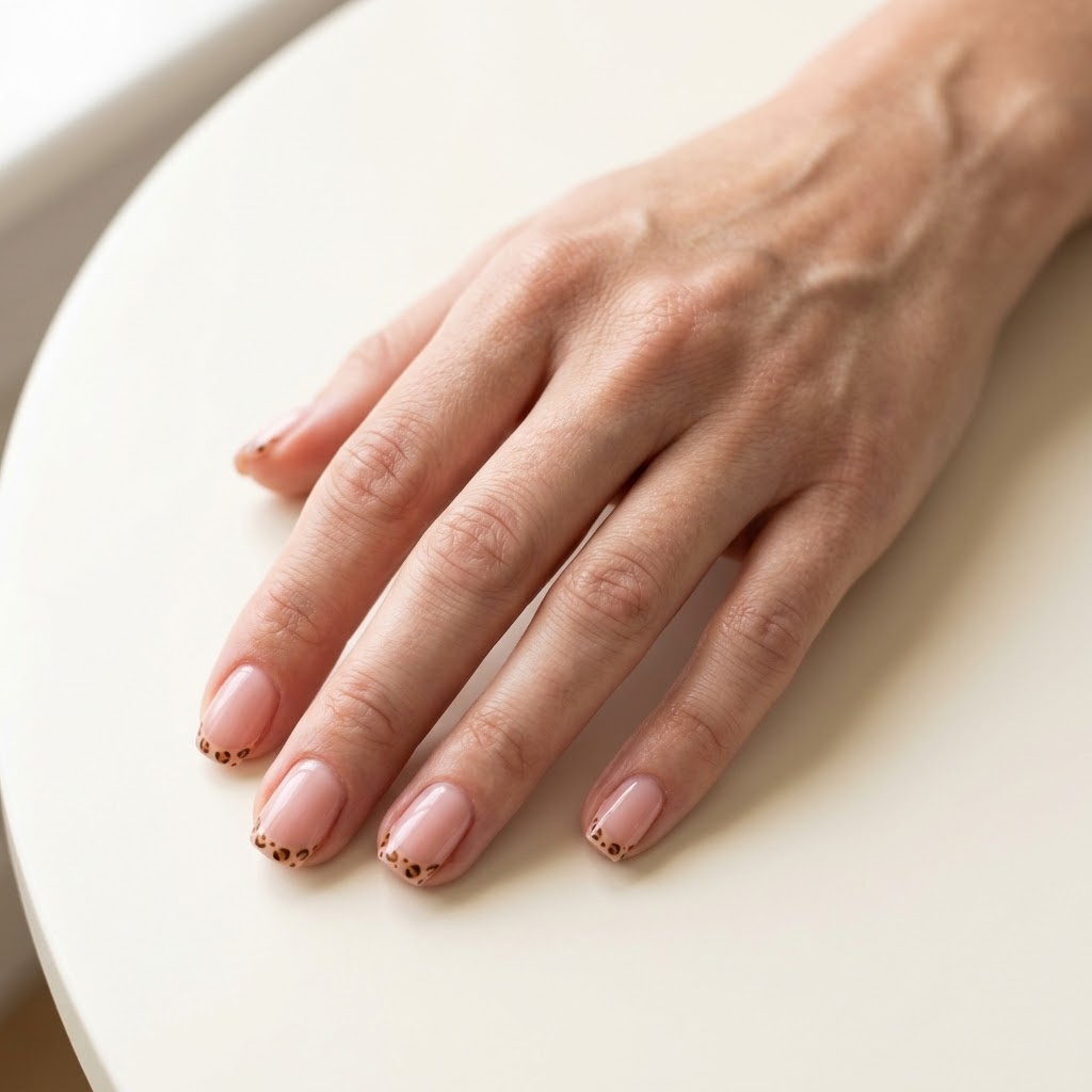 Short square nails with sheer pink polish and delicate caramel brown leopard print French tips