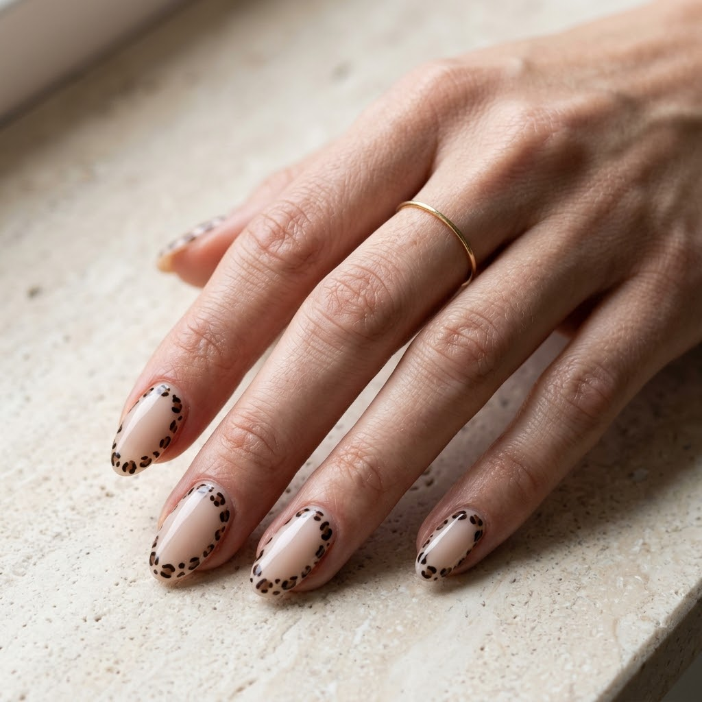 Milky beige oval nails with tiny espresso brown leopard spots framing the cuticle area