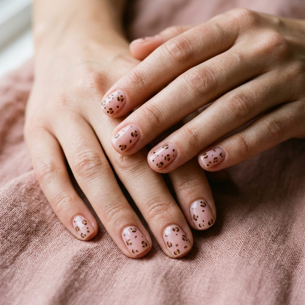Short sheer pink nails with miniature taupe and brown leopard spots on a soft blush background
