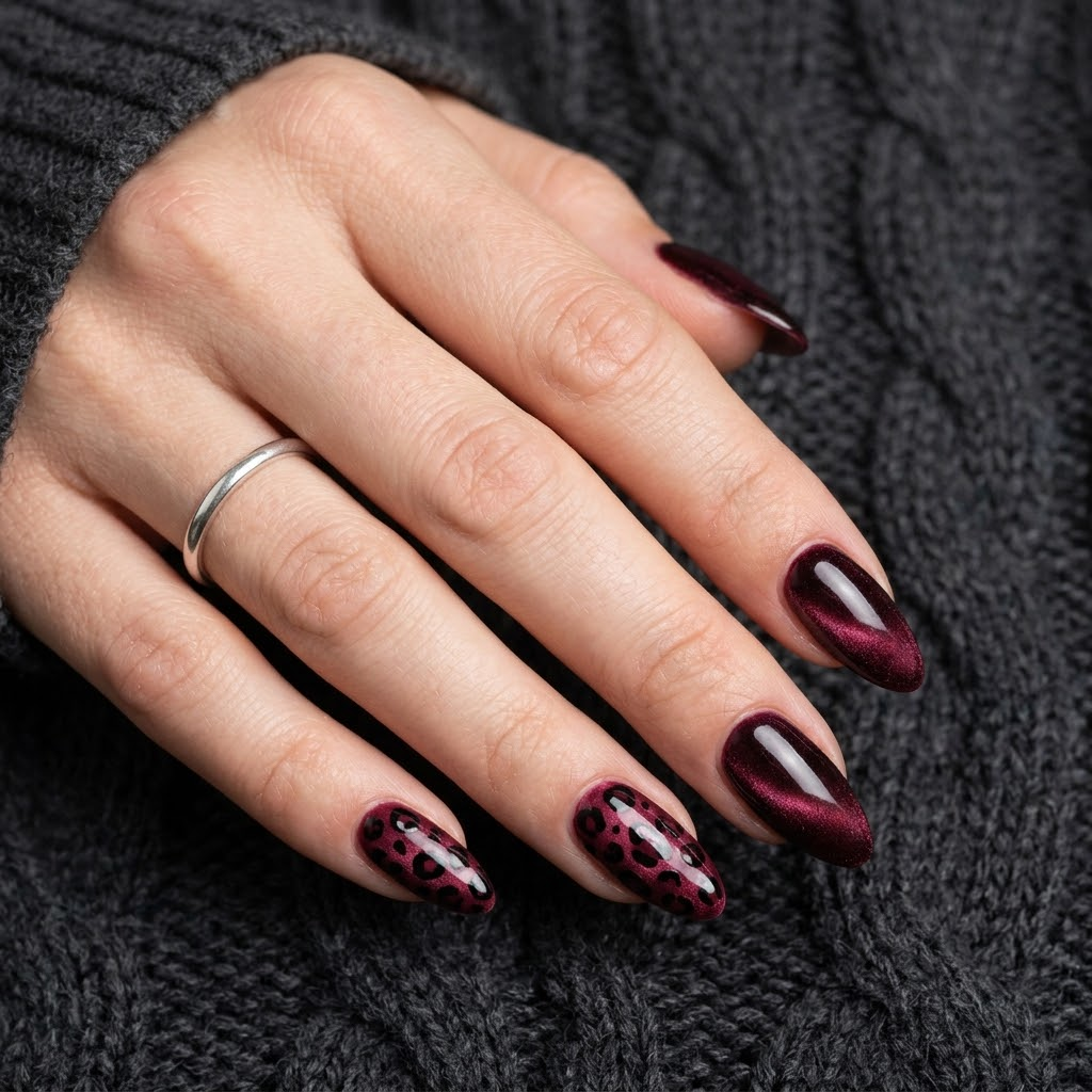 Deep black cherry velvet almond nails with glossy black leopard markings and a silver ring
