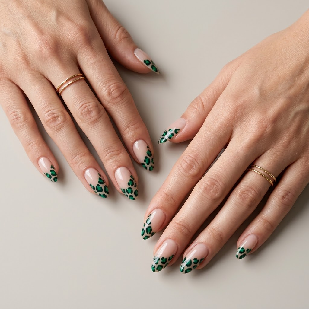 Nude almond nails with emerald green leopard spots along diagonal edges and clear negative space