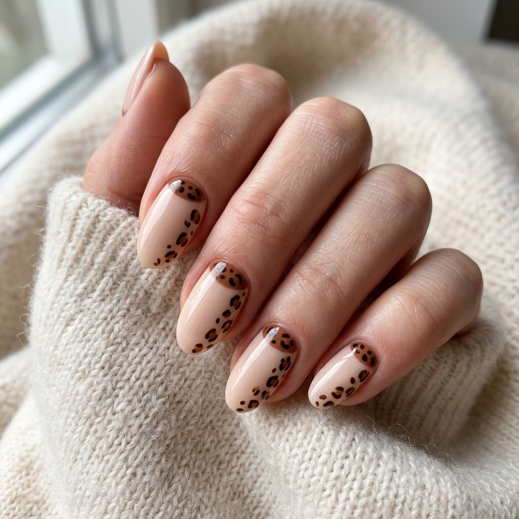 Creamy nude oval nails featuring cinnamon brown leopard print half-moon designs near the cuticles