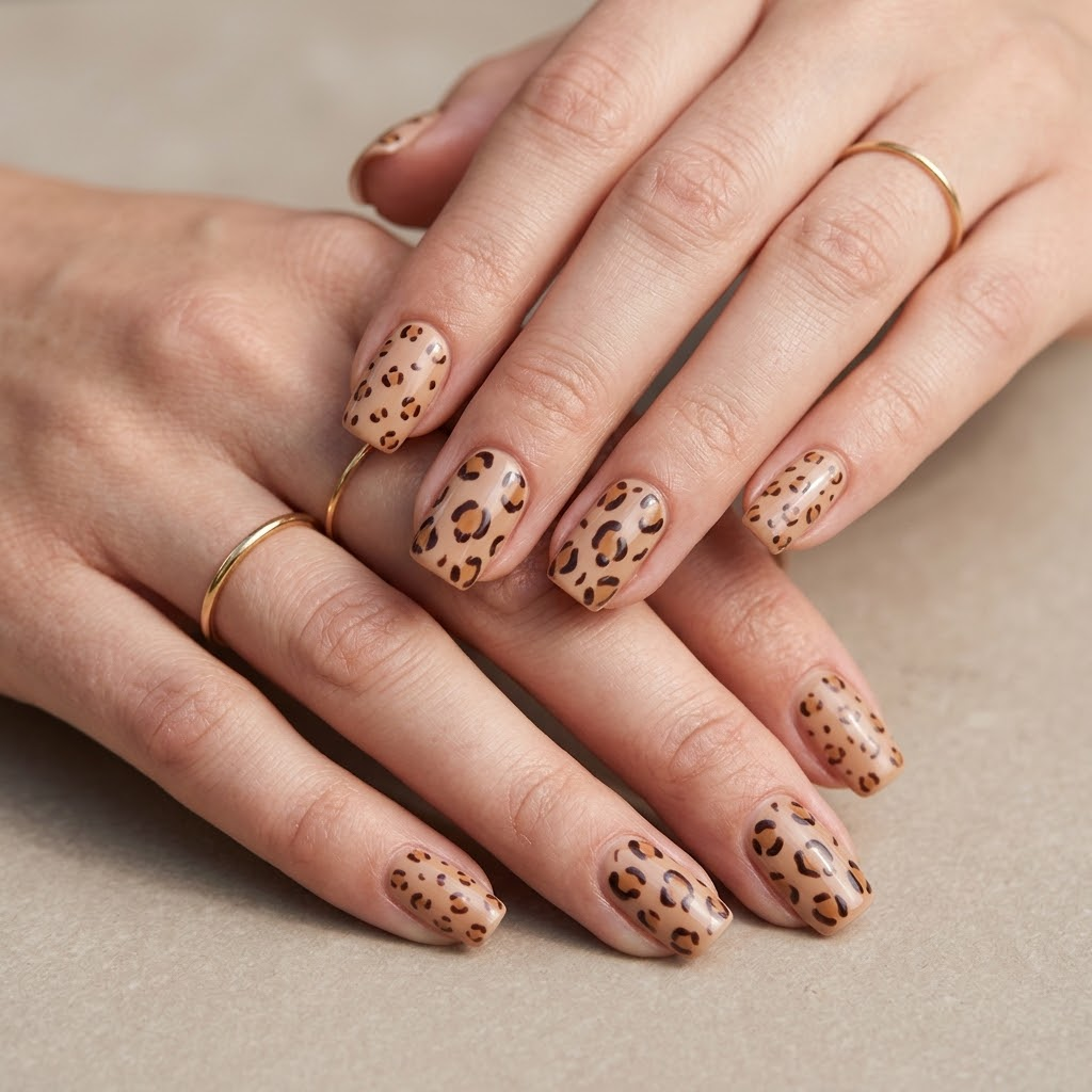 Beige square nails decorated with small and large caramel leopard spots outlined in dark espresso