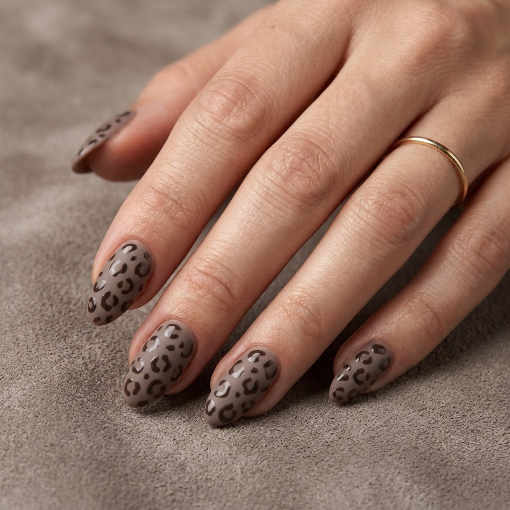 Matte taupe almond nails with glossy dark brown leopard spots creating a subtle textured manicure