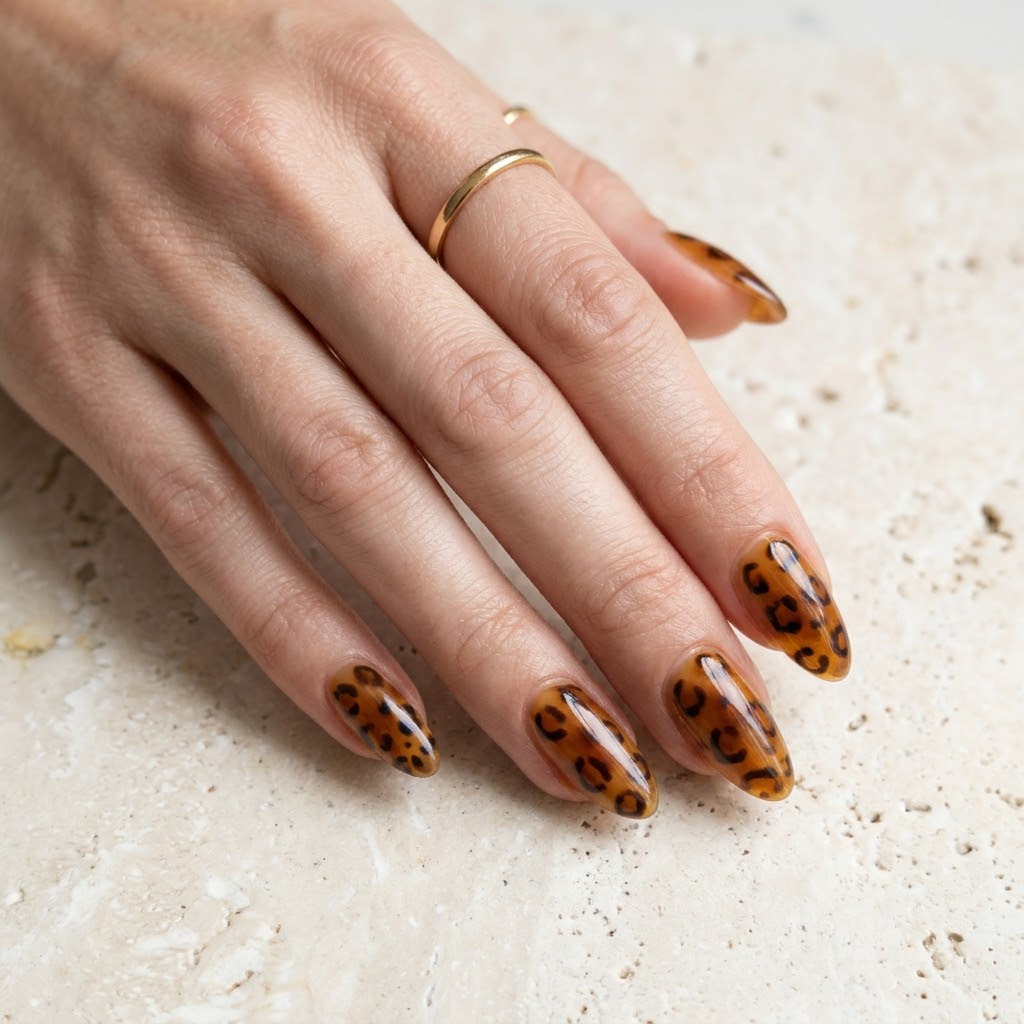 Glossy almond nails with translucent amber tortoiseshell effects and dark brown leopard markings