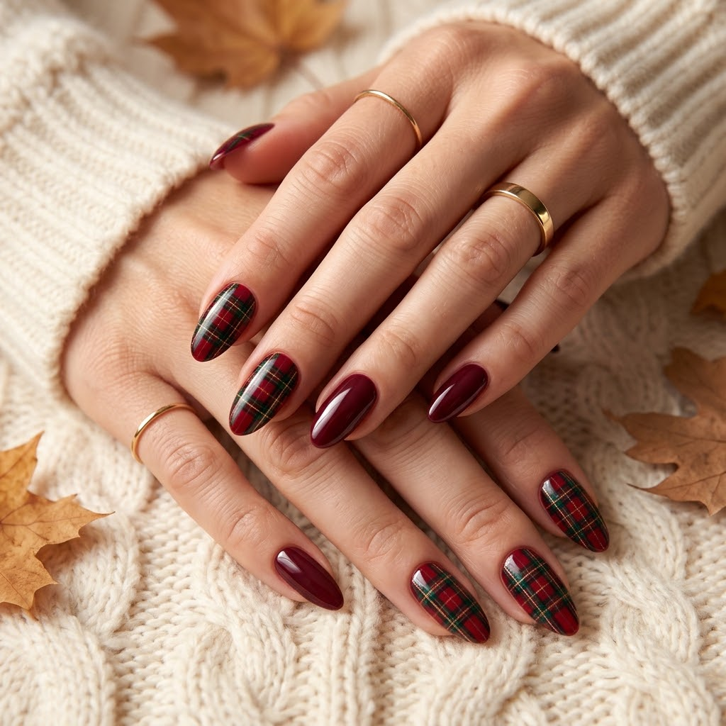 Classic red tartan nails with green and gold stripes