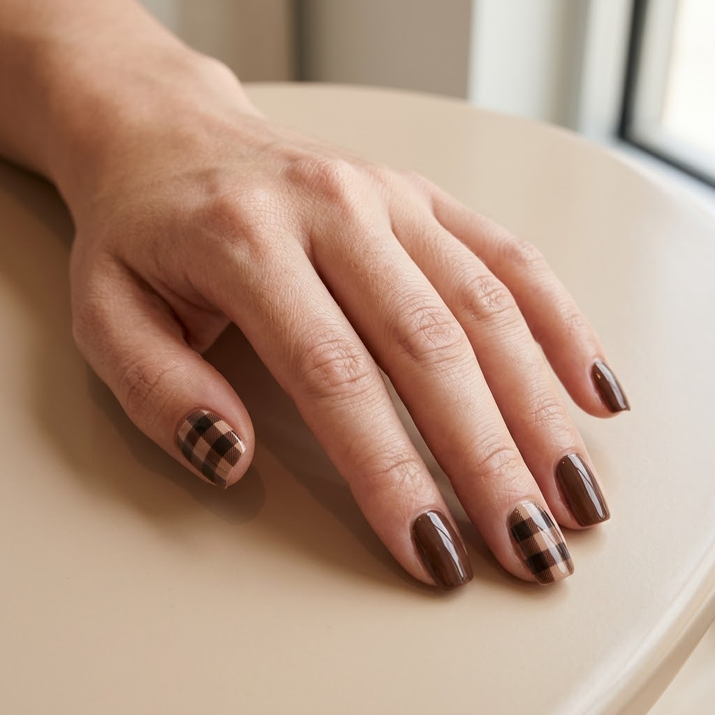 Chocolate brown buffalo check manicure