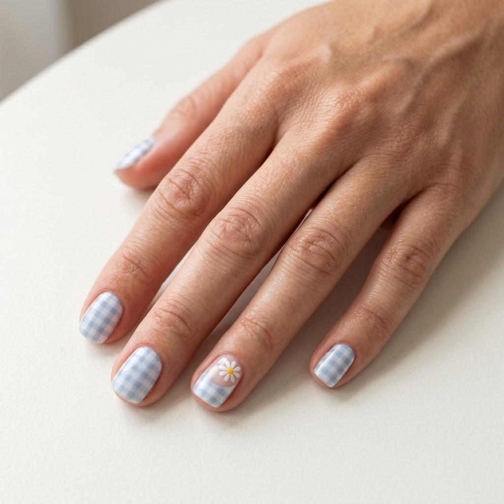 Baby blue and white gingham nail art