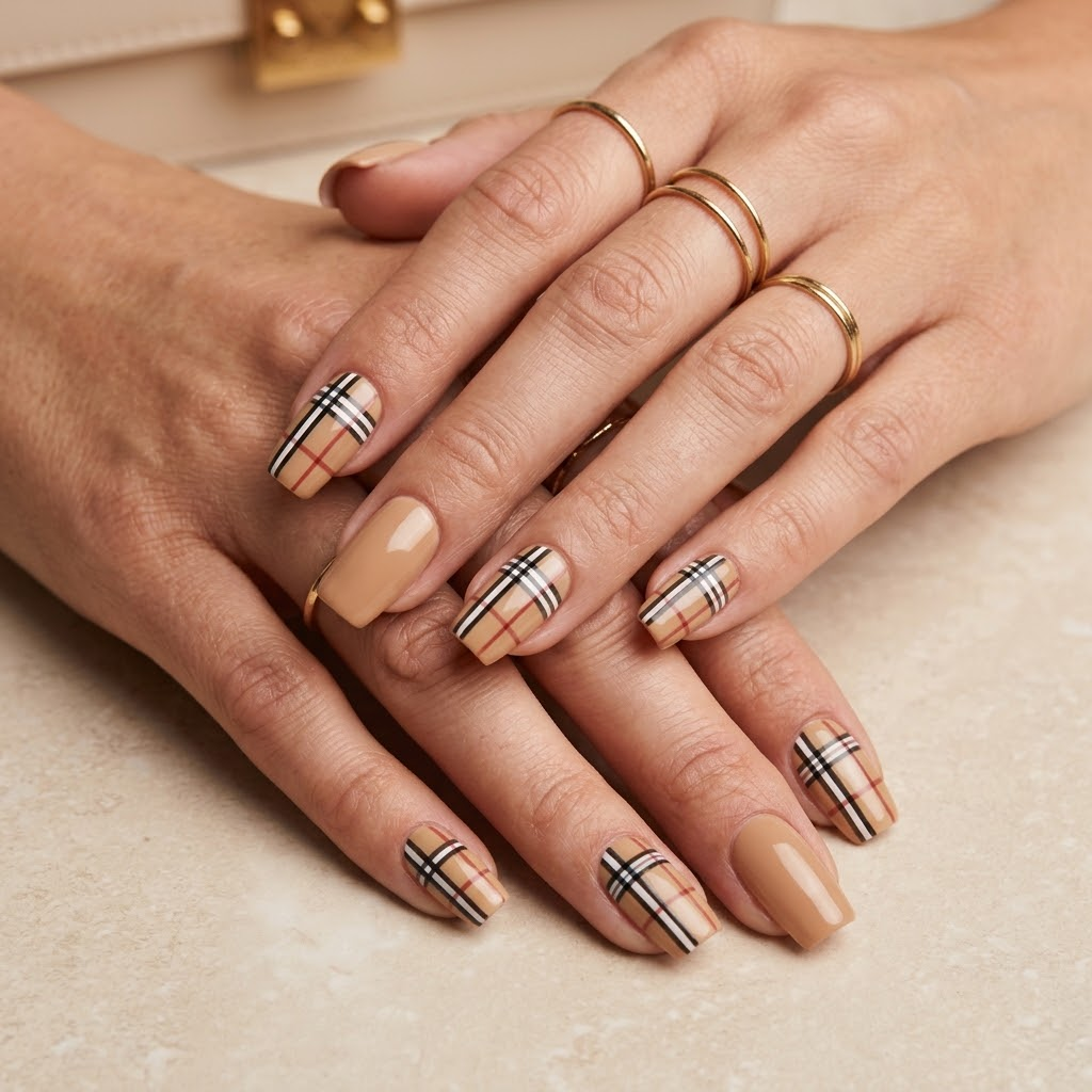 Beige designer-inspired checked nails