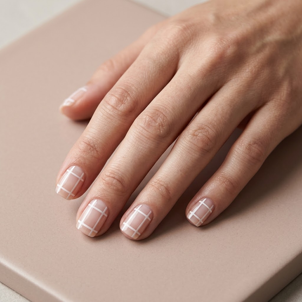 Minimalist nude windowpane nail design